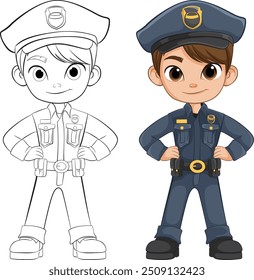 Cute police officer in uniform, colored and outlined