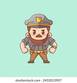 Cute police officer uniform mad kawaii chibi character mascot illustration outline style design set