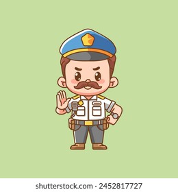 Cute police officer uniform stop gesture kawaii chibi character mascot illustration outline style design set