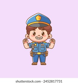 Lindo oficial de policía uniforme fuerte kawaii chibi personaje mascota ilustración esquema estilo conjunto de diseño