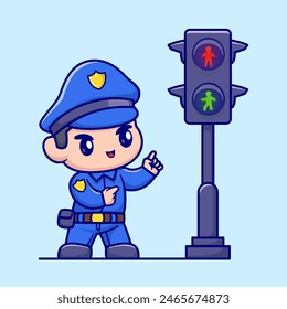 Cute Police Pointing Traffic Light Cartoon Vector Icon Illustration. People Profession Icon Concept Isolated Premium Vector. Flat Cartoon Style