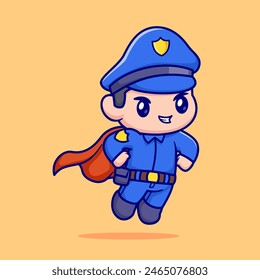 Cute Police Super Hero Cartoon Vector Icon Illustration. People Profession Icon Concept Isolated Premium Vector. Flat Cartoon Style