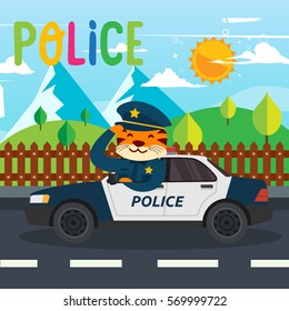 Cute Police Tiger Patrolling Character Illustration For Kids, Suitable for Education, Card, T-Shirt, Social Media, Print, Book, Stickers, and Any Other Kids Related Activities 