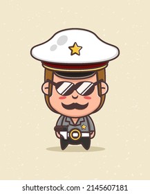 Cute police in uniform standing on cream background.