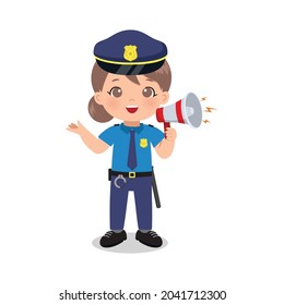 Cute police woman speak with megaphone. Flat vector cartoon design