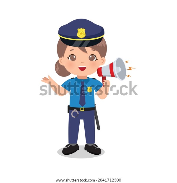 Cute police woman speak with megaphone. Flat\
vector cartoon design