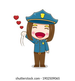 Cute police woman. Vector illustration of chibi character isolated on white background.