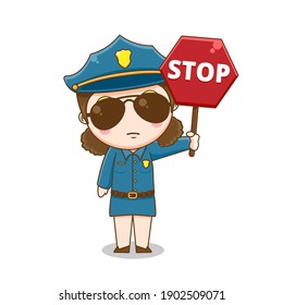 Cute police woman. Vector illustration of chibi character isolated on white background.