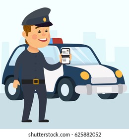 Cute policeman and a car.A police car and a police officer. A police officer on the city's background. Vector images in cartoon style