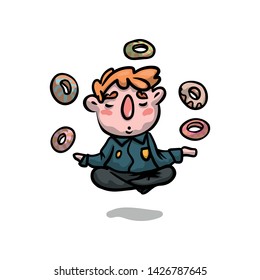 Cute policeman doing yoga meditation but thinking about donuts