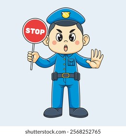 cute policeman with hand gesture and traffic stop sign	