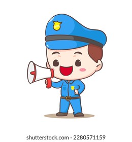 Cute policeman holding megaphone cartoon character. People profession concept design. Isolated white background. Vector art illustration. Adorable chibi flat cartoon style