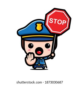 cute policeman holding stop symbol signboard