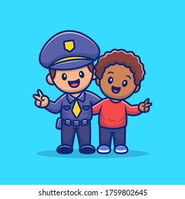 Cute Policeman And Kid Hugging Cartoon Vector Icon Illustration. People And Education Icon Concept Isolated Premium Vector. Flat Cartoon Style