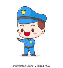 Cute policeman showing pointing hand gesture cartoon character. People profession concept design. Isolated white background. Vector art illustration. Adorable chibi flat cartoon style