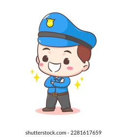 Cute policeman standing with crossed arms cartoon character. People profession concept design. Isolated white background. Vector art illustration. Adorable chibi flat cartoon style