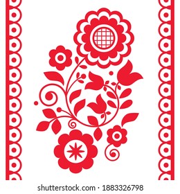 Cute Polish Floral folk art vector design, greeting card inspired by traditional highlanders embroidery Lachy Sadeckie from Nowy Sacz in Poland. Ethnic Slavic pattern with flowers and leaves in red 