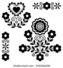 Cute Polaco Floral arte folclórico vectores de diseño monocromo inspirado en el bordado tradicional de los montañeses Lachy Sadeckie de Nowy Sacz en Polonia. Colección de patrones eslavos étnicos con flores