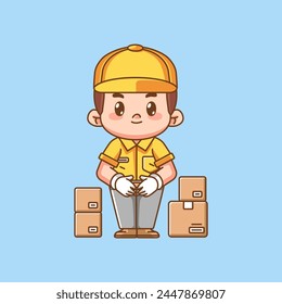 Cute polite male courier package delivery kawaii chibi character mascot illustration outline style design set