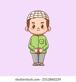 Lindo niño musulmán educado niño kawaii chibi personaje mascota ilustración esquema estilo diseño conjunto