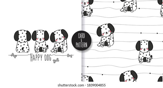 Cute Polka dot dog Dalmatian pet drawings Hand drawn pet Wearing a simple patterned costume Gestures Funny and fun Colorful face smile in Seamless pattern and illustration