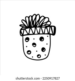 Cute polka dot gift box with a bow. Hand-drawn black and white vector illustration. Design, layout, template, logo, icon, sketch.