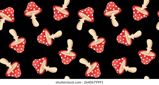 cute polka dot mushrooms endless tileable background traditional fairytale design element for children's products black background