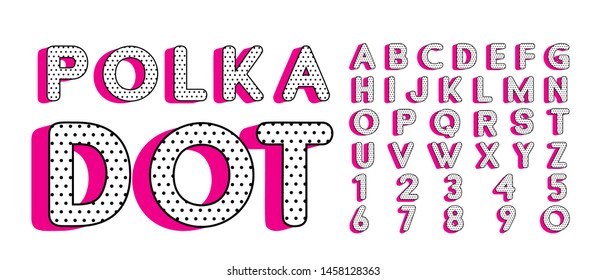 Cute polka dots 3D english alphabet letters set.  Vector LOL doll surprise style. Happy birthday alphabet with hot pink shadow.
