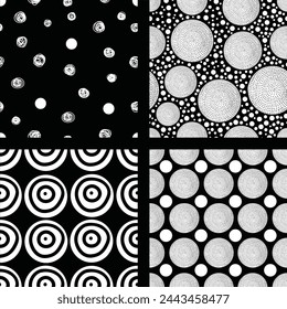 Süße Tupfen. Schwarz und Weiß. Satz von vier nahtlosen Mustern.Abstract. Kann in der Textilindustrie, Papier, Hintergrund, Scrapbooking verwendet werden.