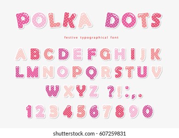 Cute Polka Dots Font In Pastel Pink. Paper Cutout ABC Letters And Numbers. Funny Alphabet For Girls.