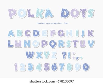 Cute polka dots font in pastel blue. Paper cutout ABC letters and numbers. Funny alphabet.