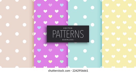 Cute polka dots and heart patterns set. Seamless background. Juicy and appetizing colors. Vector illustration.