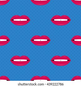 Cute polka dots lips seamless pattern background. Pop art style lips background.