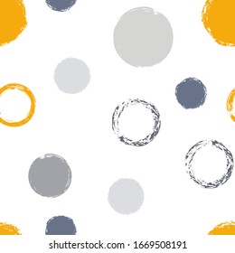 Cute Polka Dots. Vector Endless Repeat Print. Colorful Dotted Pattern. White Abstract Background With Watercolor Fall Chaotic Shapes. Modern Artistic Surface. Chalk Brush Rounds, Confetti.
