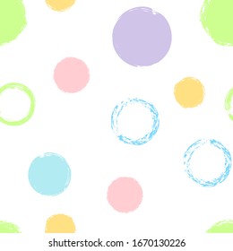 Cute Polka Dots. Vector Endless Repeat Print. Colorful Dotted Pattern. White Abstract Background With Watercolor Fall Chaotic Shapes. Simple Soft Packaging. Chalk Brush Rounds, Confetti.
