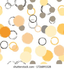 Cute Polka Dots. Vector Endless Repeat Print. Vivid Illustration. White Abstract Background With Watercolor Fall Chaotic Shapes. Simple Soft Textile. Chalk Brush Rounds, Confetti.
