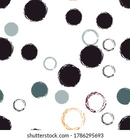 Cute Polka Dots. Vector Endless Repeat Print. Multicolor Design. White Abstract Background With Watercolor Fall Chaotic Shapes. Simple Soft Giftwrap. Chalk Brush Rounds, Confetti.
