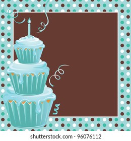 Cute Polkadot Background With Three Teal Frosted Stacked Cupcakes And Candle Welcome Your Guests To This 1st Birthday Party. Great For Triplets On Their First Birthday Or Just One Child.