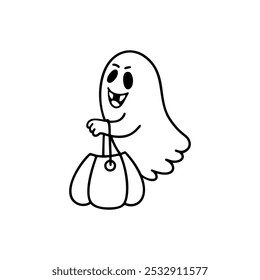 Lindo poltergeist con una cesta de dulces. Fantasma del doodle de Halloween. Truco o trato. Ilustración de contorno de Vector. Para libro de colorear.