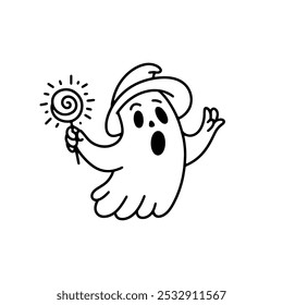 Lindo poltergeist con piruleta y sombrero de bruja. Fantasma del doodle de Halloween. Truco o trato. Ilustración de contorno de Vector. Para niños libro para colorear.