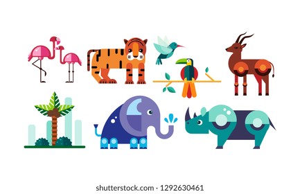 Cute polygonal African animals set, flamingo, tiger, antelope, parrot, elephant, rhino vector Illustration on a white background