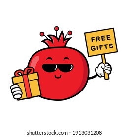 cute pomegranate cartoon mascot character funny expression  holding gifts box