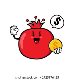 cute pomegranate cartoon mascot character funny expression holding coin with money eye