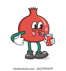 Cute Pomegranate Fruit cartoon mascot character drink juice, happy expression, thumb up. Wearing glove and shoes. Groovy Retro cartoon character for icon, mascot, logo, label, poster, clipart, sticker