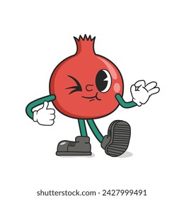 Caricatura lindo de la mascota de la fruta de la granada dando signo Ok, pulgar hacia arriba y guiño de ojo. Llevar guantes y zapatos. Groovy personaje de dibujos animados retro para el icono, mascota, logotipo, etiqueta, póster, imágenes prediseñadas, etiqueta engomada