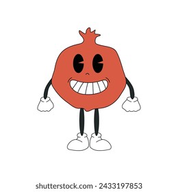 Cute Pomegranate Fruit. Groovy Retro cartoon character for icon, mascot, logo, label, poster, clipart, sticker