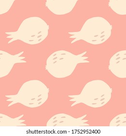Cute pomegranate fruit seamless pattern on light background. Garnet fruit wallpaper. Doodle style. Design for fabric, textile print, kitchen textiles, wrapping, cover. Vector illustration