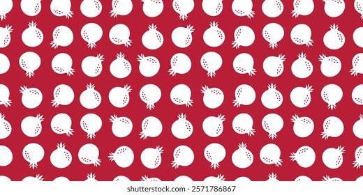 Cute Pomegranate Seamless Pattern On Red Background. Flat Pomegranate Fruit Doodle Vector Design
