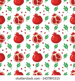 Cute pomegranate with slice and leaf design on white background pattern seamless wallpaper. Pomegranate vector illustration.