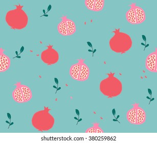 Cute pomegranate with slice and leaf design on blue sky background pattern seamless wallpaper. Vector image